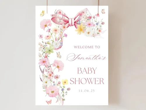 Vista 15 de Letrero de bienvenida personalizado de flores silvestres para baby shower, letrero floral bohemio para baby shower, letrero con nombre personalizado