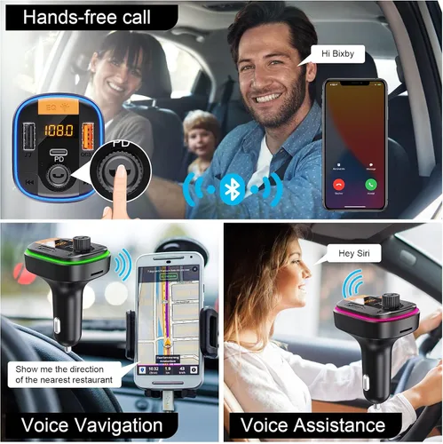 Vista 4 de Transmisor FM Bluetooth Bluetooth para automóvil - BAISHUN Adaptador Bluetooth 5.0 PD20W+QC3.0 encendedor de cigarrillos receptor de radio