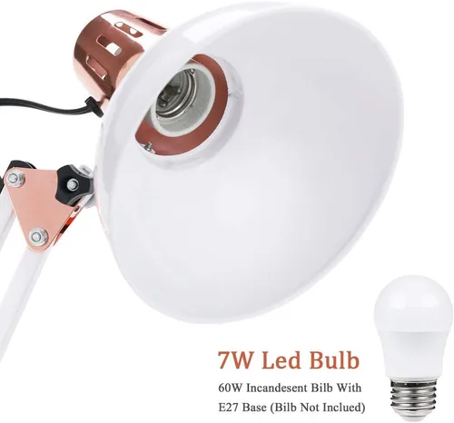 Vista 2 de PowerKing - Lámparas de escritorio de metal con brazo oscilante con base y abrazadera, oro rosa blanco