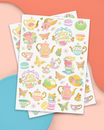 Vista 2 de xo, Fetti Tatuajes temporales para fiesta de té - 48 estilos de purpurina Suministros para fiesta de cumpleaños Partea, tetera de té, cupcakes