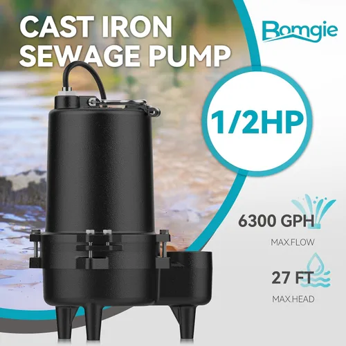 Vista 2 de 1/2HP Bomba de aguas residuales de hierro fundido 115V 6300 GPH Bomba de efluente Negro oscuro
