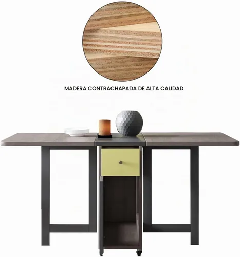 Vista 5 de FUNROLUX Drop Leaf Folding Dining Table with Storage, 2 Drawers, Grey Gris