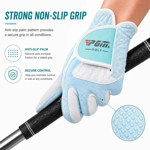 Vista 6 de PGM Guantes de golf para mujer, un par (4 opciones de color), sistema de agarre mejorado, fresco y cómodo Azul