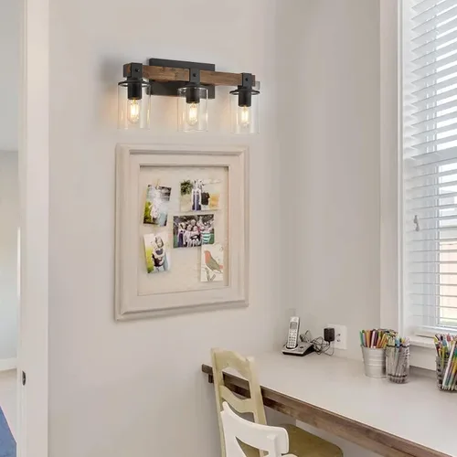Vista 9 de DUJAHMLAND Lámpara de tocador de granja, lámpara de pared de madera de baño de 3 luces sobre espejo con pantalla de vidrio transparente, iluminación