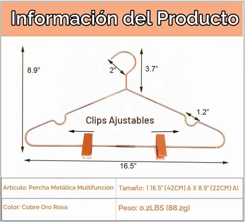 Vista 2 de Paquete de 10 ganchos de metal de 16.5 pulgadas con alambre de cobre oro rosa con clips, perchas para ropa
