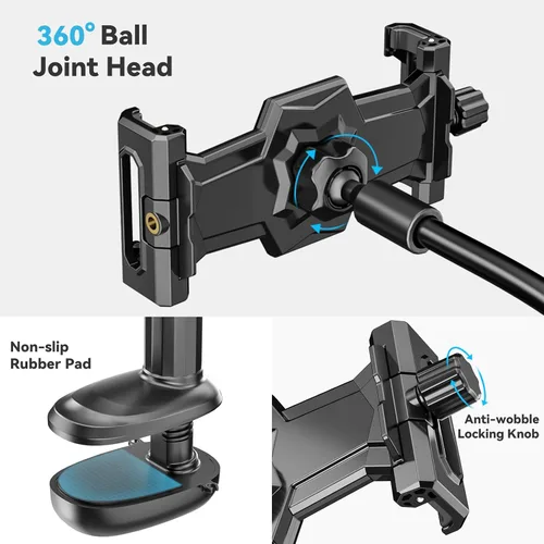 Vista 4 de KDD Soporte de Tableta de Cuello de Cisne, Soporte Ajustable de 360° para Teléfono y iPad para Cama y Escritorio, Abrazadera de Brazo Flexible