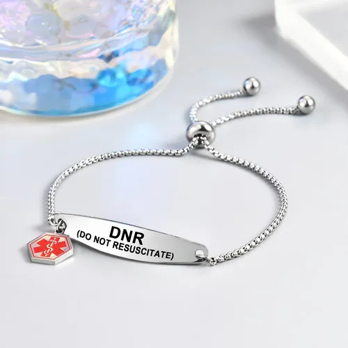 Vista 3 de Pulseras de alerta médica para mujer, pulseras de identificación médica con grabado láser gratis, pulseras ajustables de acero inoxidable grabado