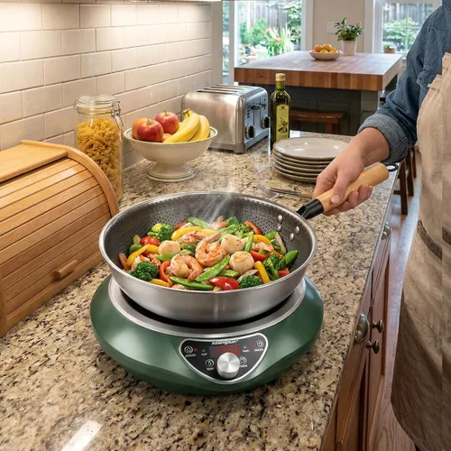 Vista 6 de Wok de inducción cóncava de 1700 W 120 V con wok de acero inoxidable, calentamiento continuo sin pulsos, 16 niveles de potencia, quemador portátil