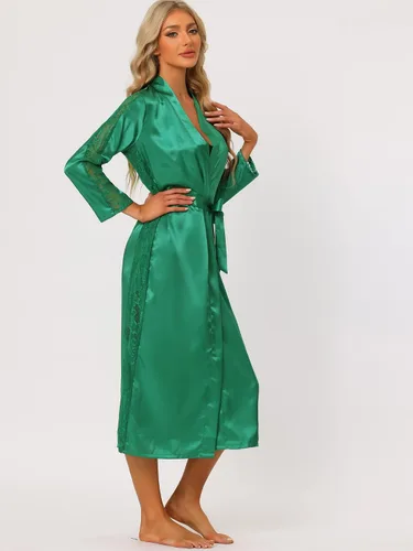 Vista 2 de cheibear Conjunto de camisón de satén para mujer, para dama de honor, boda, novia, encaje de manga larga