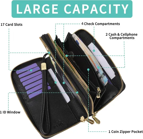 Vista 4 de Cartera de cuero real para mujer con adorno de camelia, bloqueo RFID, bolsillo para monedas, Negro, L, Clásico