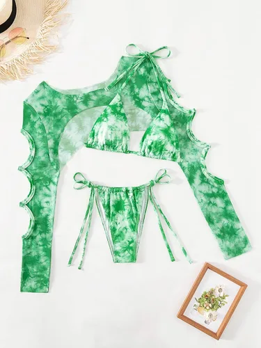 Vista 6 de OYOANGLE Traje de baño de 3 piezas para mujer, diseño de triángulo, teñido anudado, con cuello halter, con corte