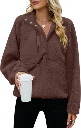 Vista 3 de Nirovien Chaqueta de forro polar para mujer, de manga larga, con botones, mullida, cálida, con bolsillos