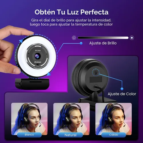Vista 4 de NexiGo Cámara web N680E Pro 4K con luz de anillo, enfoque automático PDAF, 1080p 60FPS, micrófonos con doble cancelación de ruido, obturador