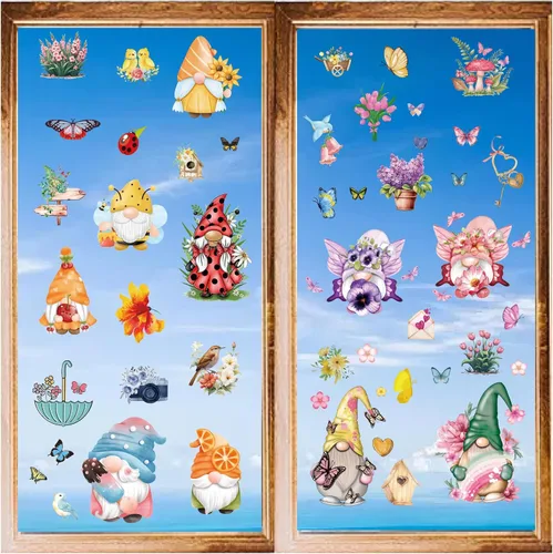 Vista 10 de CRASPIRE 8 hojas de 8 estilos de calcomanías de girasol para ventana, calcomanías de gnomo de primavera, calcomanías autoadhesivas para decoración