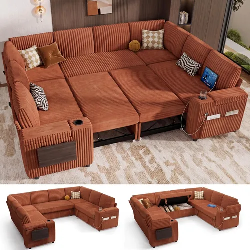 Vista 24 de Vipbear Sofá cama modular de 86 pulgadas con cama extraíble, sofá en forma de L de pana de felpa de 3 asientos con diván de almacenamiento, puertos