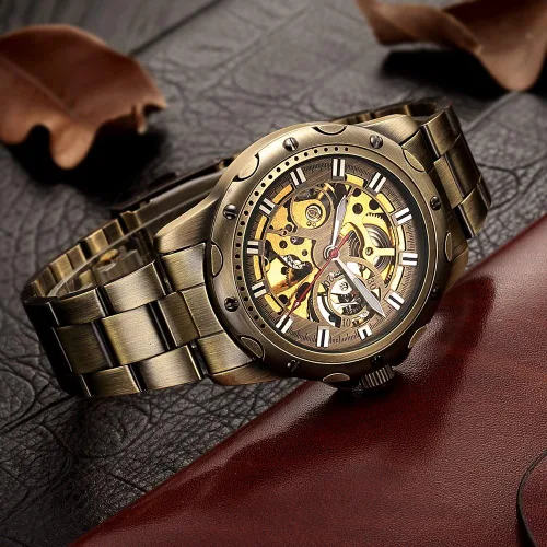 Vista 3 de Reloj automático de acero de aleación de bronce vintage para hombre CH19-S, CH19-S, Lujo, moda, casual, negocios, steampunk
