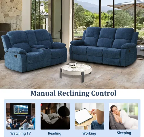 Vista 3 de Juego de sofá reclinable de 2 piezas de tela de microfibra, juego de muebles de sala de estar, sofá reclinable y sofá biplaza con portavasos y Azul