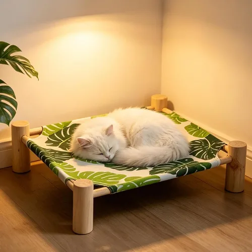 Vista 9 de Wooden Cat Hammock, Lounge for Relaxing with Modern Style, Natural Solid Wood with Breathable Fabric, Elevated Sleeping Spot, Versatile for Home