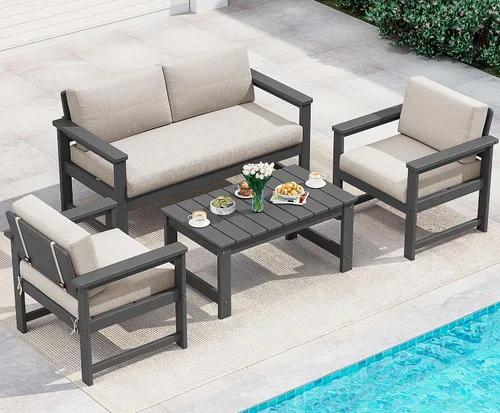 Vista 32 de SERWALL Juego de sofá de 2 piezas de sillón Adirondack acolchado de Marco negro/cojín gris