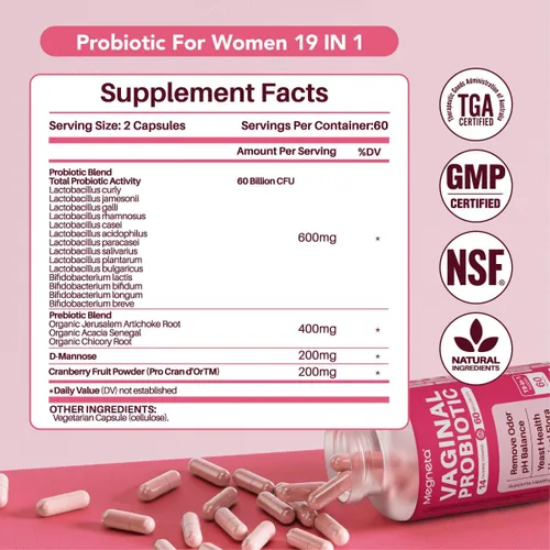 Vista 5 de Probióticos vaginales con prebióticos arándano, 60 mil millones de UFC, 14 cepas probióticos para mujeres con prebiótico y D-manosa, probiótico