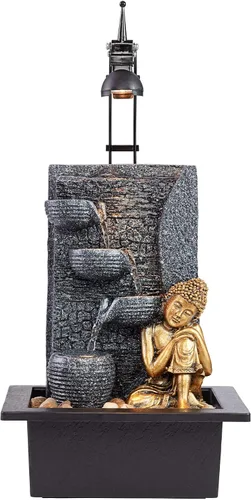 Vista 5 de Kneeling Gold Buddha de 17 pulgadas de alto, pequeña fuente de mesa de piedra sintética para interiores y exteriores, fuente de mesa de piedra