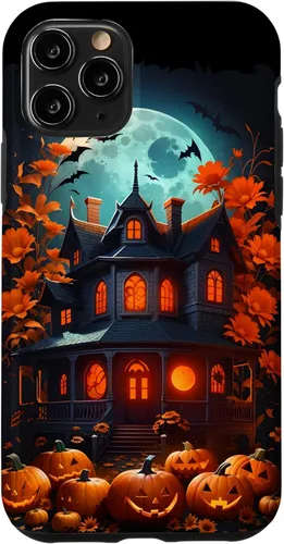 Vista 27 de iPhone 16 Halloween Spooky Haunted House Bats & Carved Pumpkins Case