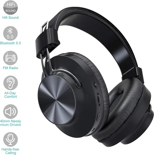 Vista 9 de Antetek - Auriculares inalámbricos Bluetooth 5.0 sobre la oreja de 30 horas de batería, radio FM, reproductor de MP3, micro SD/TF con controladores