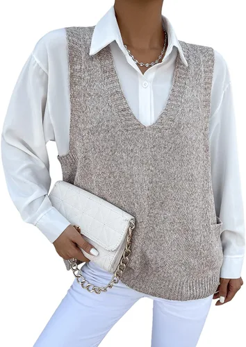 Vista 3 de Romwe Suéter de gran tamaño para mujer, cuello en V, doble bolsillo lateral, sin mangas, suéter de punto marmolado, suéter sin mangas