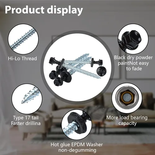 Vista 2 de Tornillos para techos de metal de 10 x 1 pulgada, tornillo para techo de chapa metálica con cabeza hexagonal negra y arandela EPDM para techos