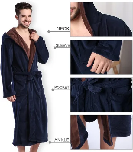 Vista 5 de Bata de baño con capucha para hombre, suave y de longitud completa, cómodo camisón cálido de longitud completa