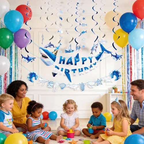 Vista 8 de Paper Jazz Decoración de tiburón oceánico, decoración de fiesta de tiburón ballena para pared, pancarta de cumpleaños bajo el mar con remolinos, Azul