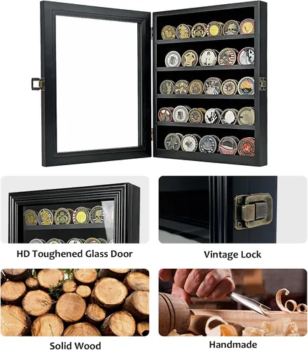 Vista 3 de ASmileIndeep - Expositor de monedas de desafío militar con estuche de vidrio templado HD y montaje en pared, soporte de monedas de madera