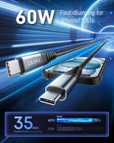 Vista 2 de Dasku iPhone 17 USB C a USB C de carga rápida, 60 W (3.1 A), paquete de 2 cables cargador de carga de 3 pies tipo C para iPhone 17/16/15/15 Plus/15