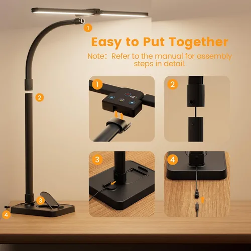 Vista 2 de lámpara LED de escritorio con base - brillante lámpara de computadora regulable con soporte para teléfono, luz de escritorio flexible de 24W