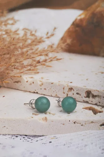 Vista 6 de Natural Gemstone Studs - Real Jade Jewelry for Women - Sage Light Green Stone Earrings - Hypoallergenic - Ball Earring Post Small 6mm, 8mm - Lapis
