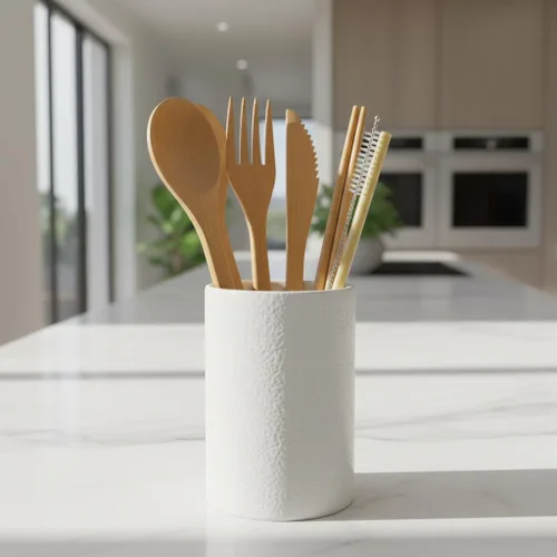 Vista 6 de Juego de utensilios de bambú con estuche, cubiertos de viaje reutilizables y cubiertos portátiles con tenedor de madera, cuchara, cuchillo