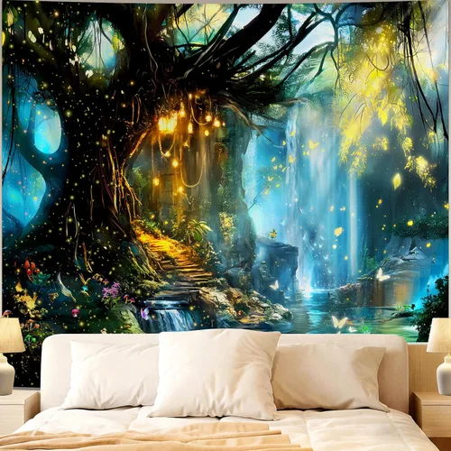 Vista 19 de Apdidl Tapiz de bosque para dormitorio, tapices de pared de hadas verdes Tapiz A-Forest