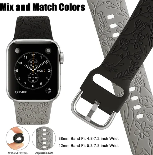 Vista 4 de Paquete de 2 correas deportivas grabadas con flores compatibles con correas de Apple Watch de 1.496 pulgadas, 1.575 pulgadas, 1.614 pulgadas