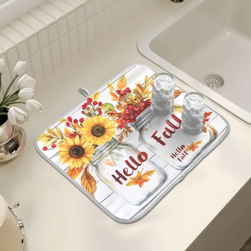 Vista 7 de Tapete de secado de platos de hojas de otoño y girasol, almohadilla absorbente de secado rápido, protector para encimera de cocina, 16 x 18 pulgadas