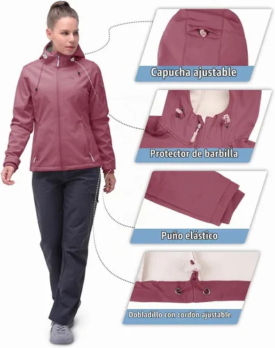 Vista 6 de 33,000ft Chaqueta de softshell para mujer, chaqueta cálida con forro polar, ligera con capucha, impermeable, para senderismo al aire libre Rojo Berry