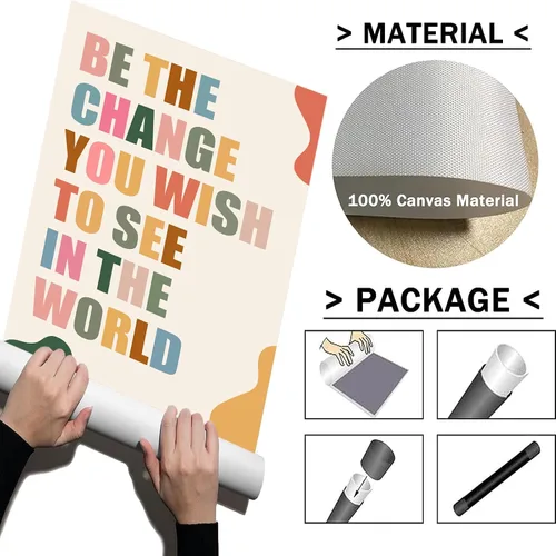 Vista 2 de Arte de pared con texto en inglés «Be the Change You Wish to See in the World», póster motivacional colorido para el aula, arte estético, citas