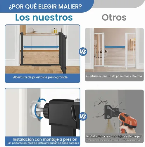 Vista 2 de Malier Puerta de bebé para escaleras con puerta grande para pasar, 29-38 pulgadas, puerta para perro montada a presión sin taladro, puerta
