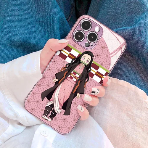 Vista 6 de Nezuko Kamado Anime Rosa Funda de Teléfono - Concha Protectora de Vidrio Templado con Patrón de Personajes de Manga para iPhone 11 Pro