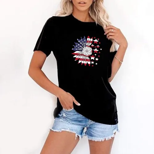 Vista 3 de Camisa para mujer del 4 de julio, a la moda, con estampado holgado, cuello en V, manga corta, informal, para mujer