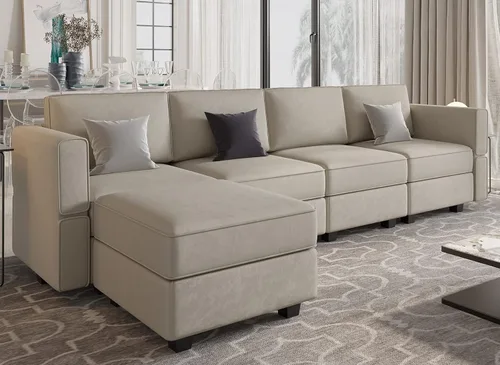 Vista 3 de Belffin - Sofá modular seccional con chaise reversible de terciopelo en forma de L, con almacenamiento de 4 plazas, sofá convertible gris..