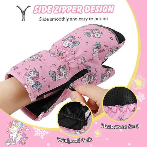 Vista 2 de MoKo Guantes de nieve para niños pequeños, antideslizantes, impermeables, con cremallera, de tela de terciopelo cálido, guantes de esquí para niños