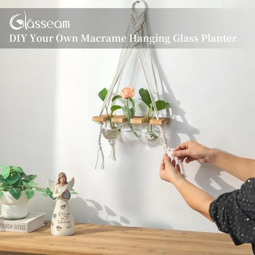 Vista 3 de Glasseam Estaciones de propagación de macramé colgantes: jarrones de propagación de vidrio para ventanas de pared para plantas hidropónicas
