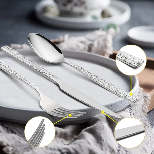 Vista 4 de E-far - Juego de cubiertos de 35 piezas con piezas de servir, cubiertos martillados de acero inoxidable para 6, moderno juego de cubiertos con borde