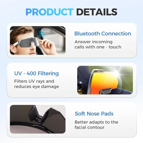 Vista 4 de Sports Bluetooth Glasses,Cycling Bluetooth Sunglasses Premium Smart Glasses with UV Protection, Open-Ear Speakers