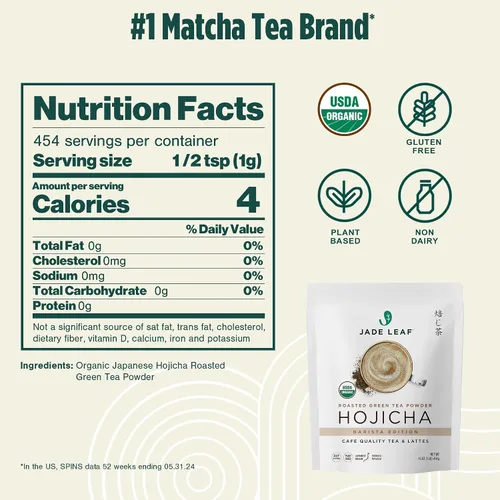 Vista 2 de Jade Leaf Matcha Hojicha en polvo orgánico, té verde matcha tostado en polvo, edición barista, auténtico japonés, 454 porciones